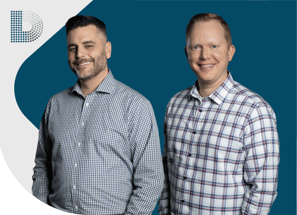 Two professional men smiling, wearing checkered shirts, representing Duckett Ladd, a financial consulting firm for dental practice owners, with a blue background and logo in the corner.